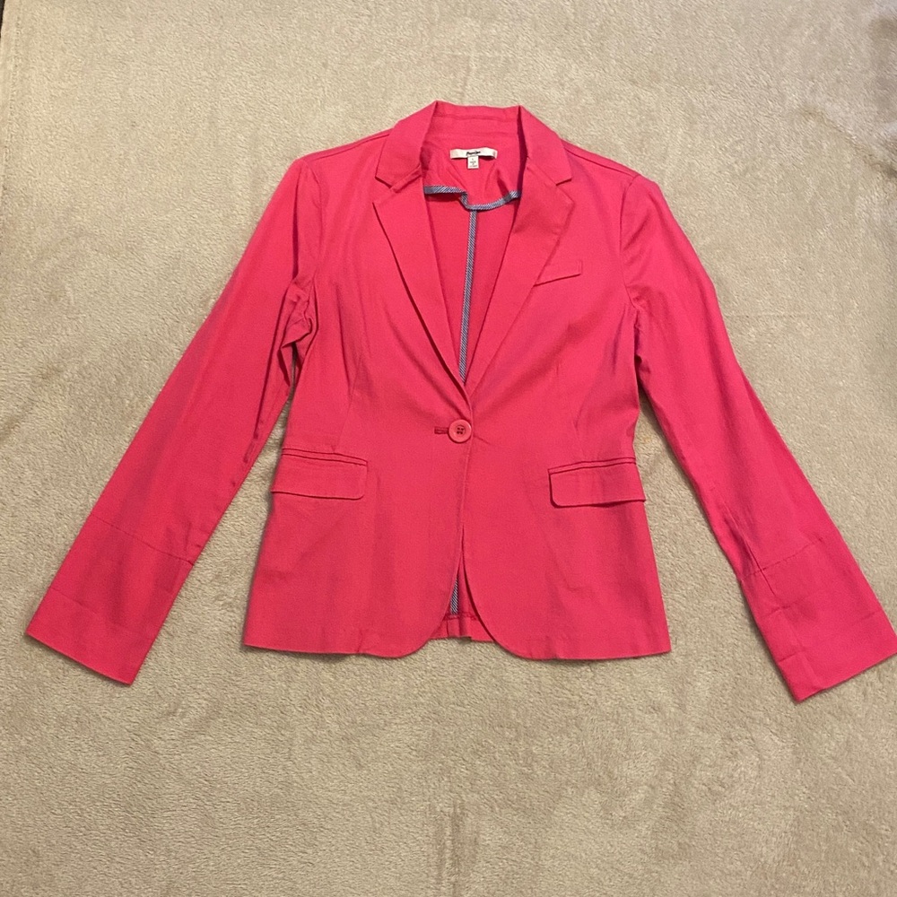 Papaya Blazer pink with blue and white pinstripe interior roll up sleeve size L